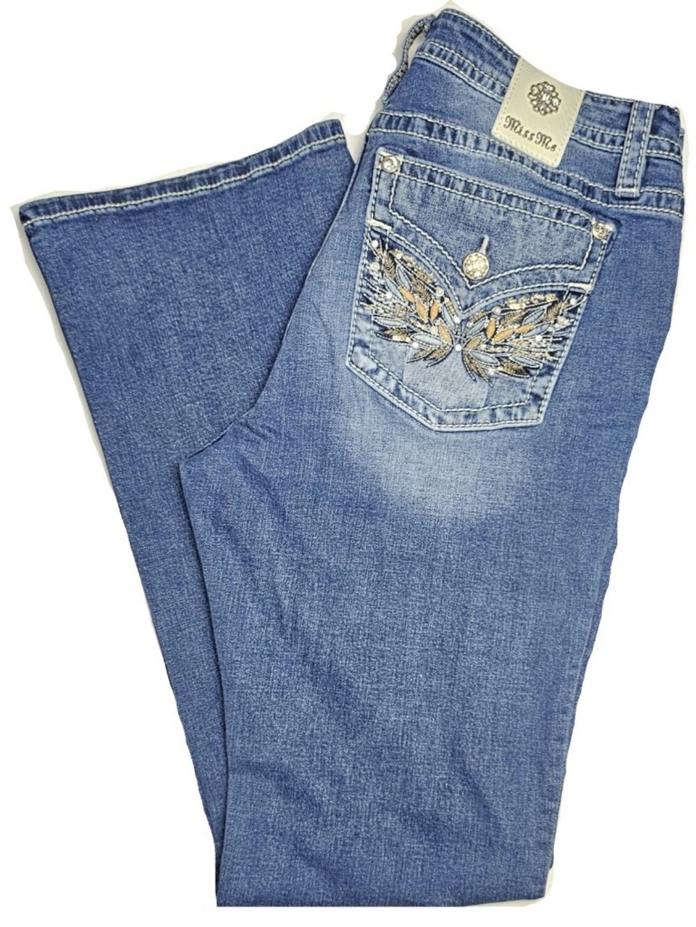 Miss Me Women's Size 34 Blue Embellished Bootcut Jeans Rhinestones Sequins